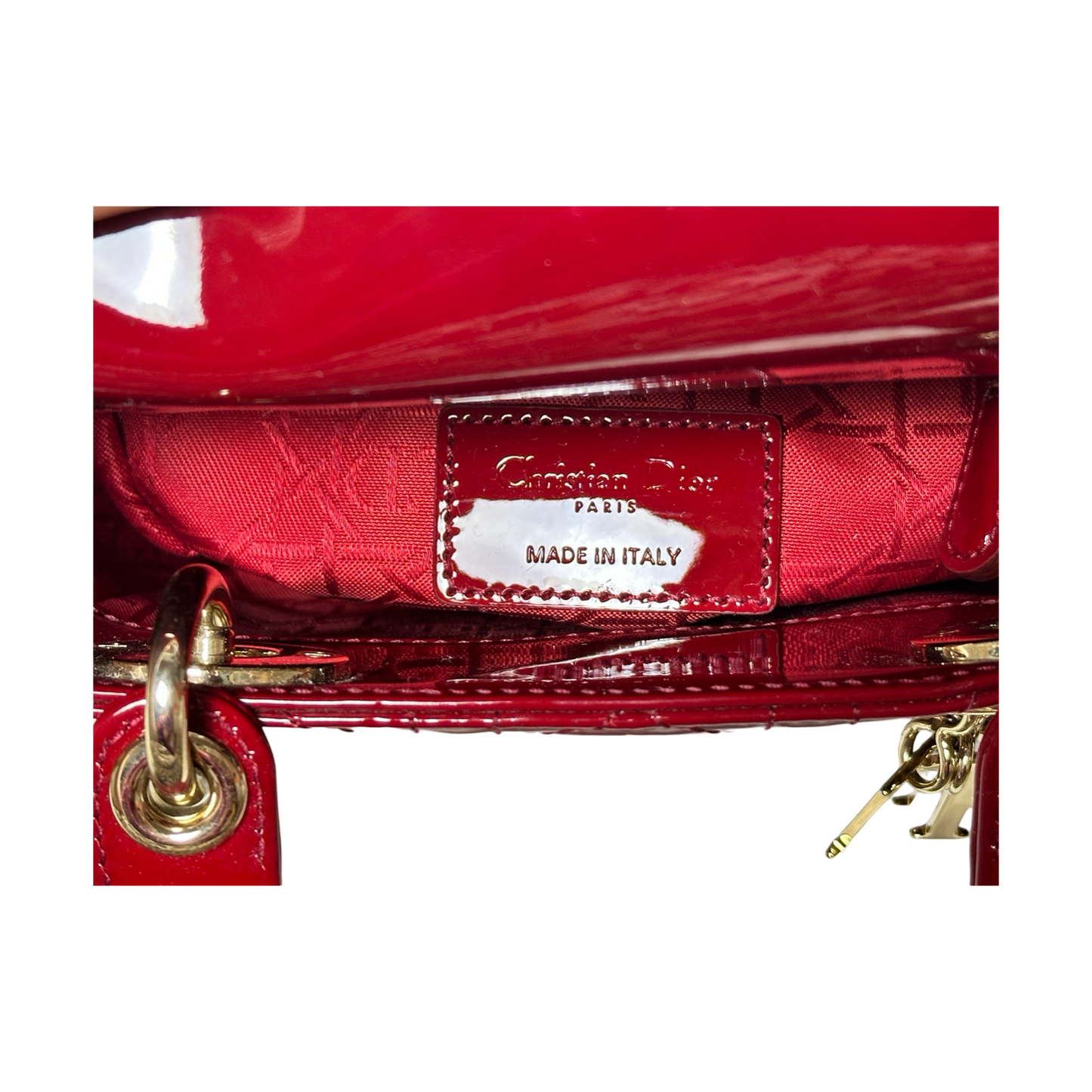 Dior Classic Patent Mini Lady Bag - Gold / Red