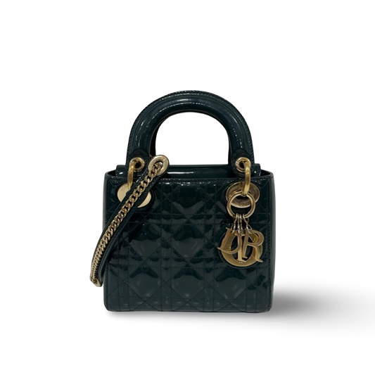 Dior Cannage Patent Mini Lady Bag - GHW / Dark Green