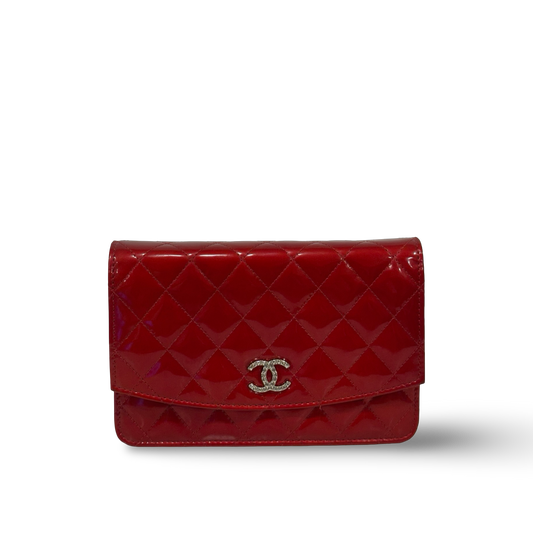 Chanel Quilted Patent Brilliant Wallet on Chain Bag- SHW / Burgundy