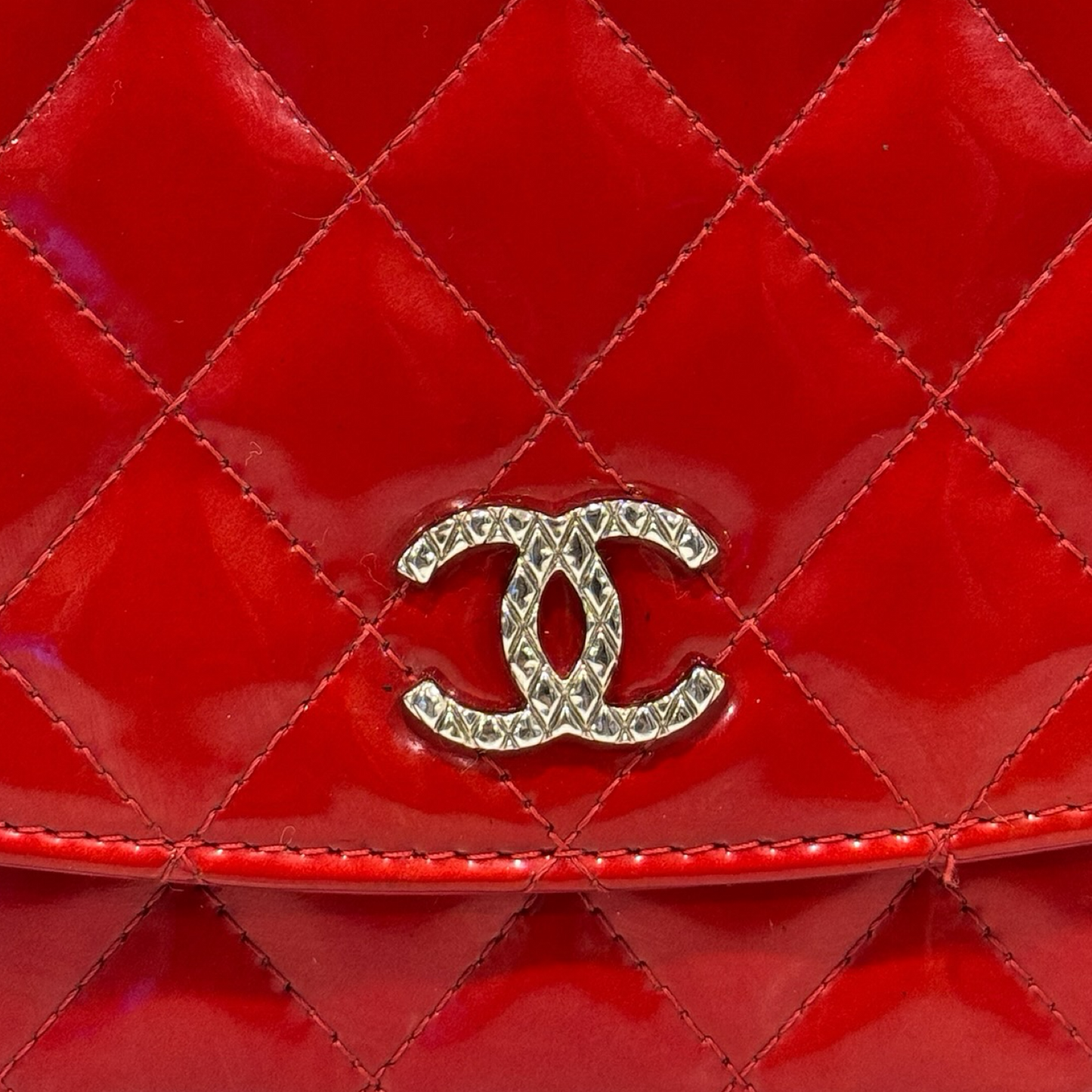 Chanel Quilted Patent Brilliant Wallet on Chain Bag- SHW / Burgundy