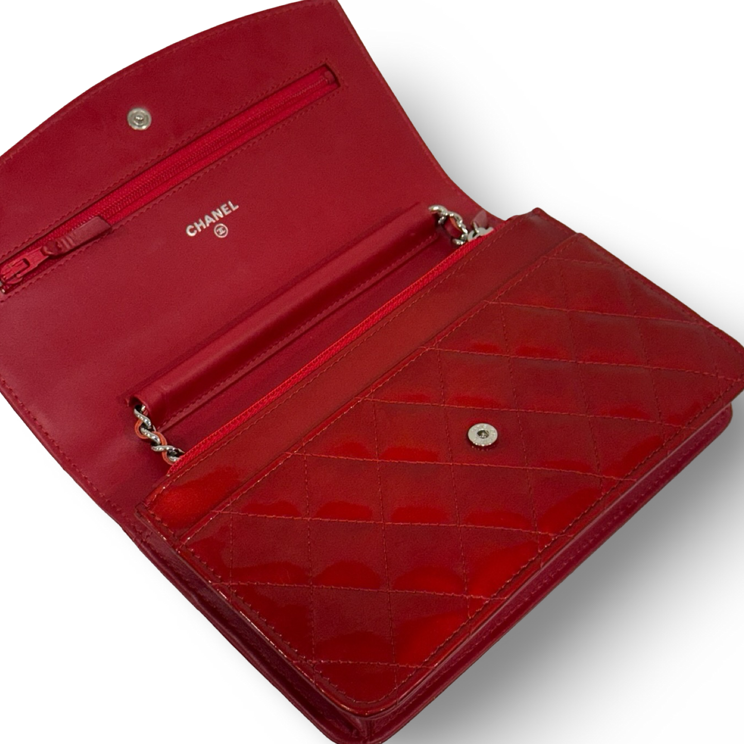 Chanel Quilted Patent Brilliant Wallet on Chain Bag- SHW / Burgundy