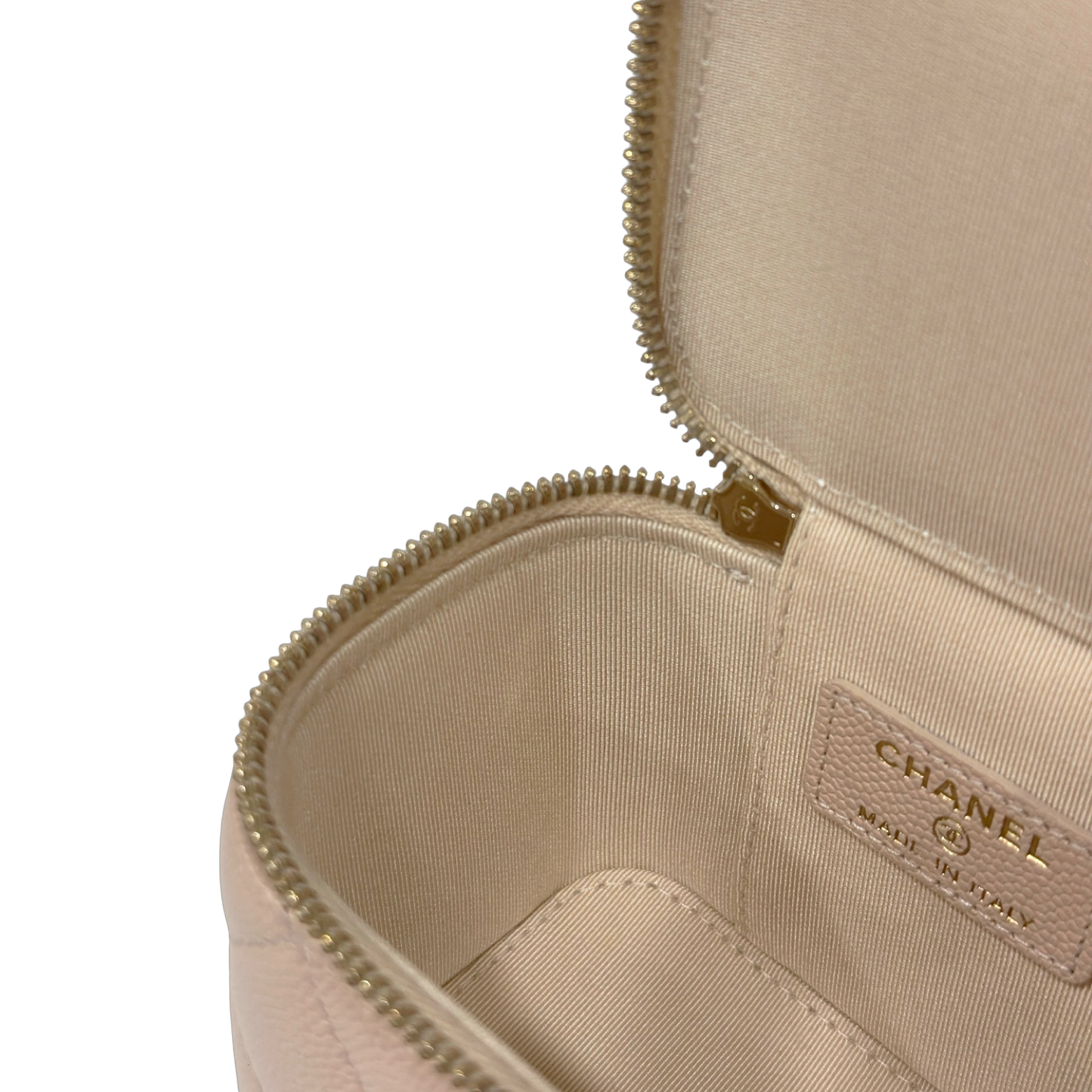 Chanel Quilted Caviar Pearl On Top Mini Vanity Case With Chain - GHW / Beige