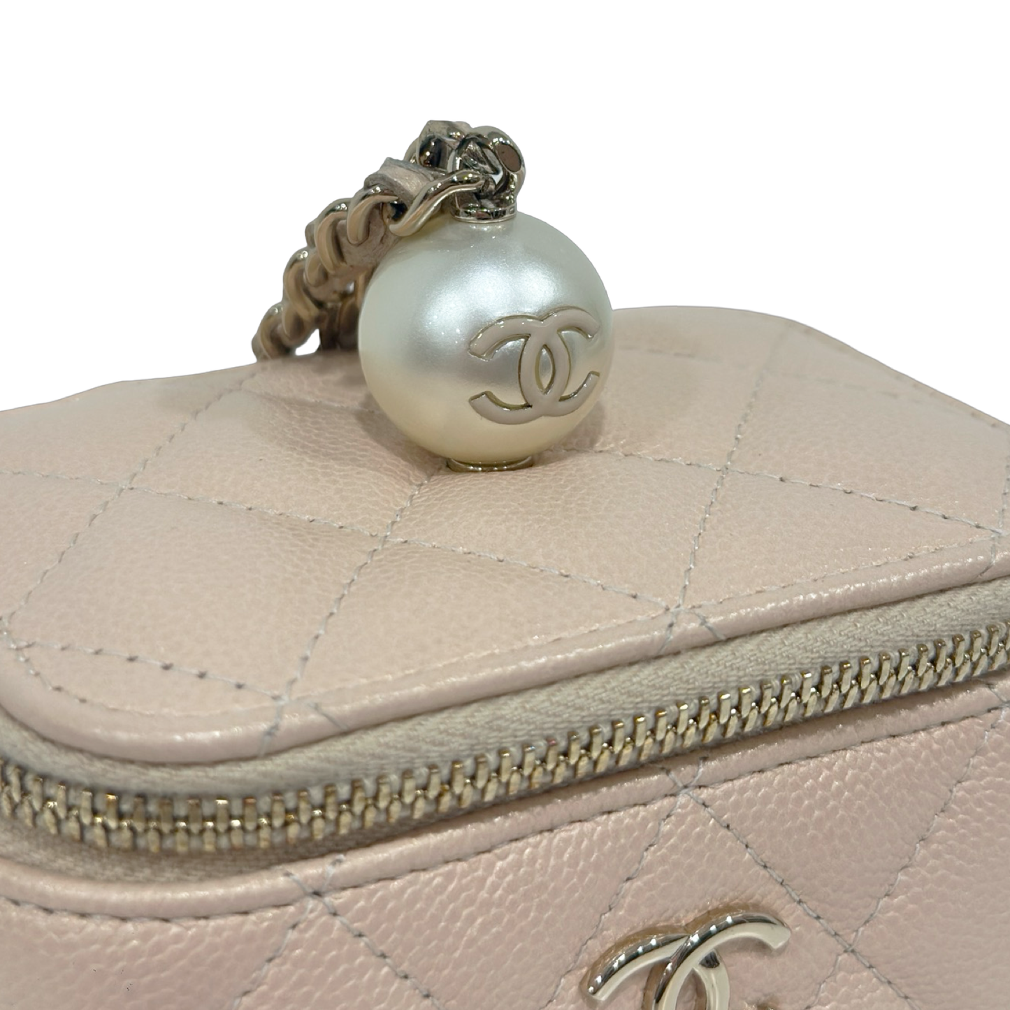 Chanel Quilted Caviar Pearl On Top Mini Vanity Case With Chain - GHW / Beige