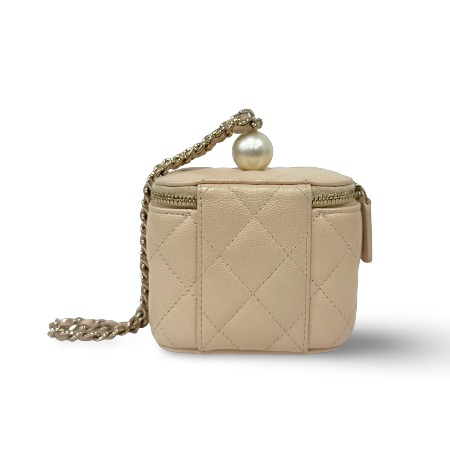 Chanel Quilted Caviar Pearl On Top Mini Vanity Case With Chain - GHW / Beige