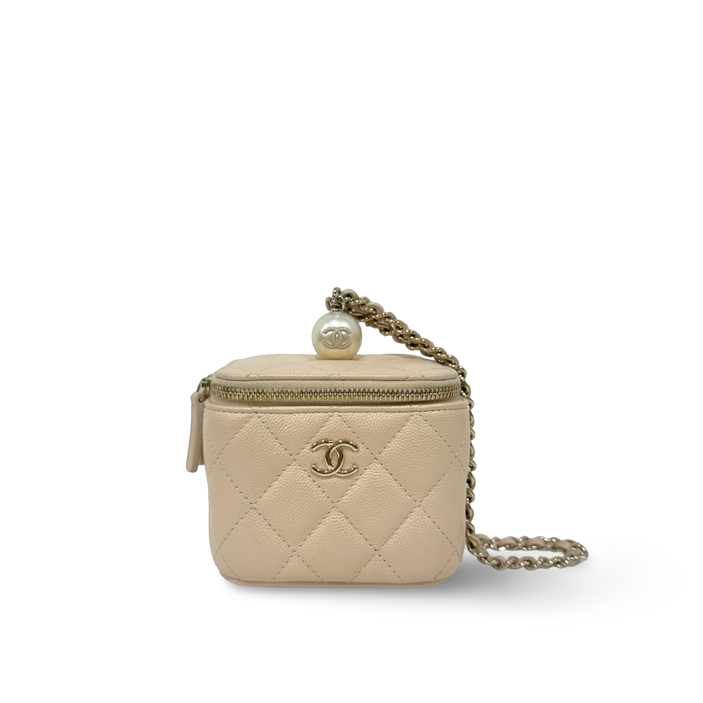 Chanel Quilted Caviar Pearl On Top Mini Vanity Case With Chain - GHW / Beige
