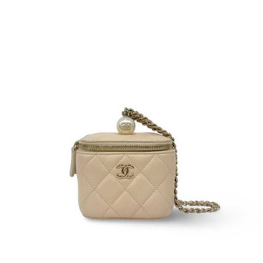 Chanel Quilted Caviar Pearl On Top Mini Vanity Case With Chain - GHW / Beige