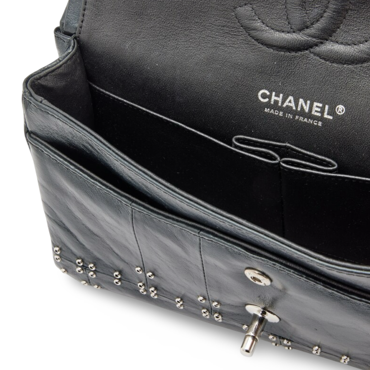 Chanel Quilted Glazed Calfskin Grommet Embellished Medium Airline Double Flap - SHW / Black