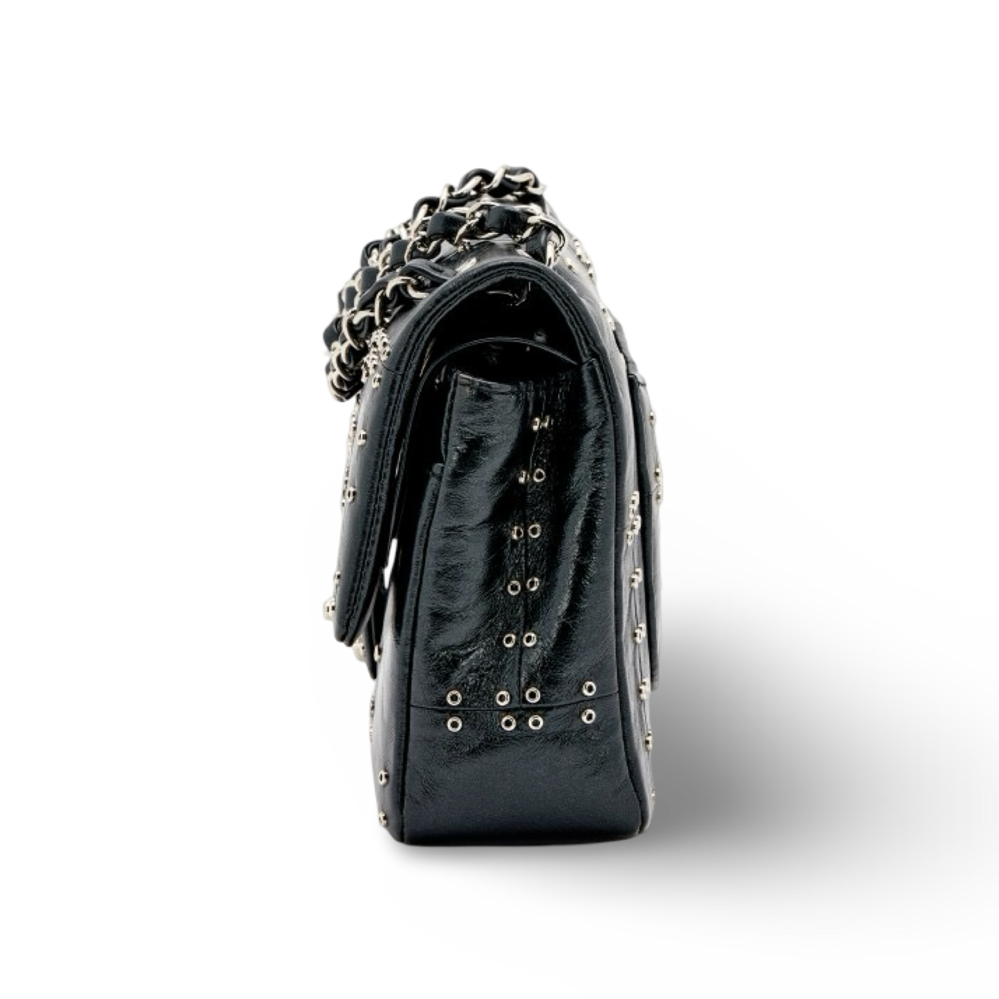 Chanel Quilted Glazed Calfskin Grommet Embellished Medium Airline Double Flap - SHW / Black