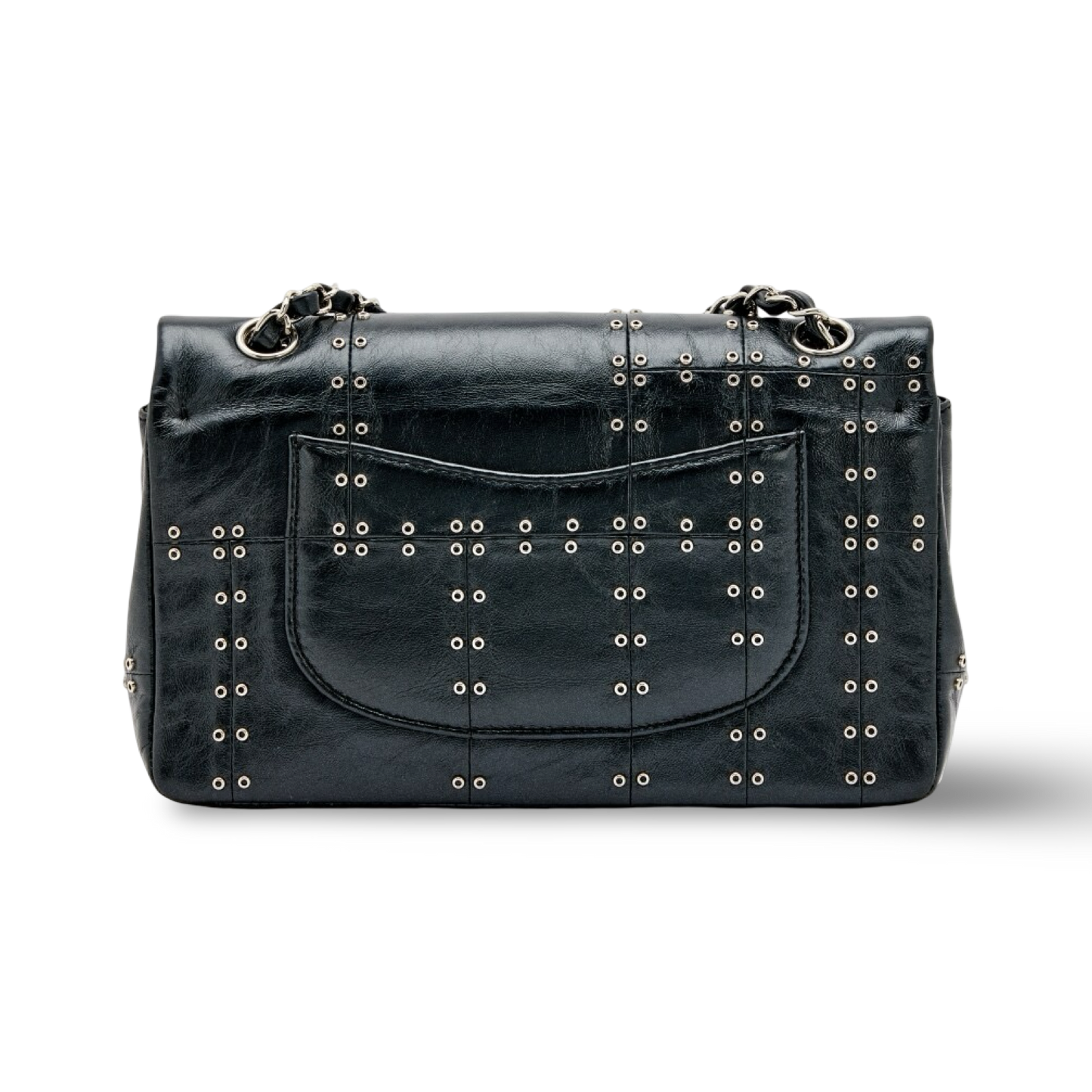 Chanel Quilted Glazed Calfskin Grommet Embellished Medium Airline Double Flap - SHW / Black