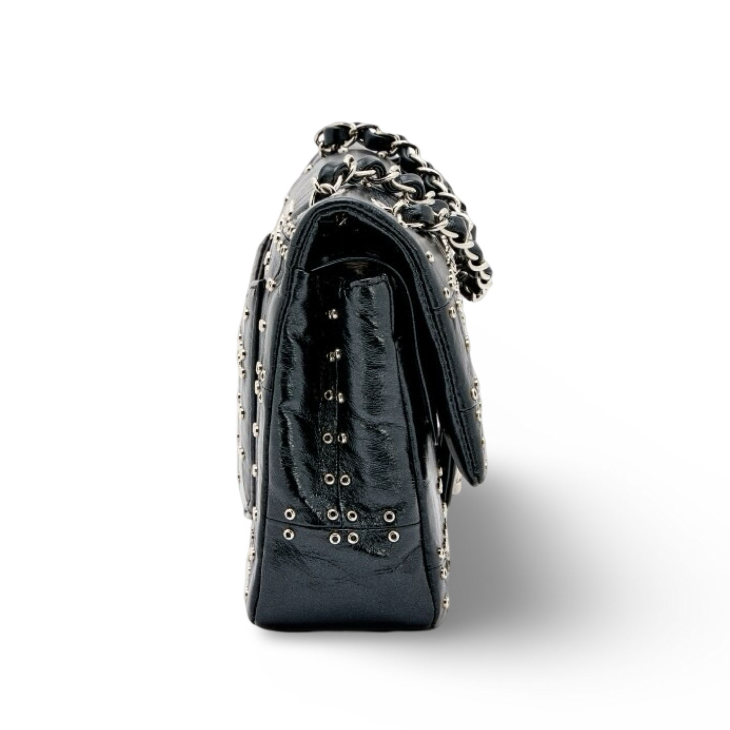 Chanel Quilted Glazed Calfskin Grommet Embellished Medium Airline Double Flap - SHW / Black