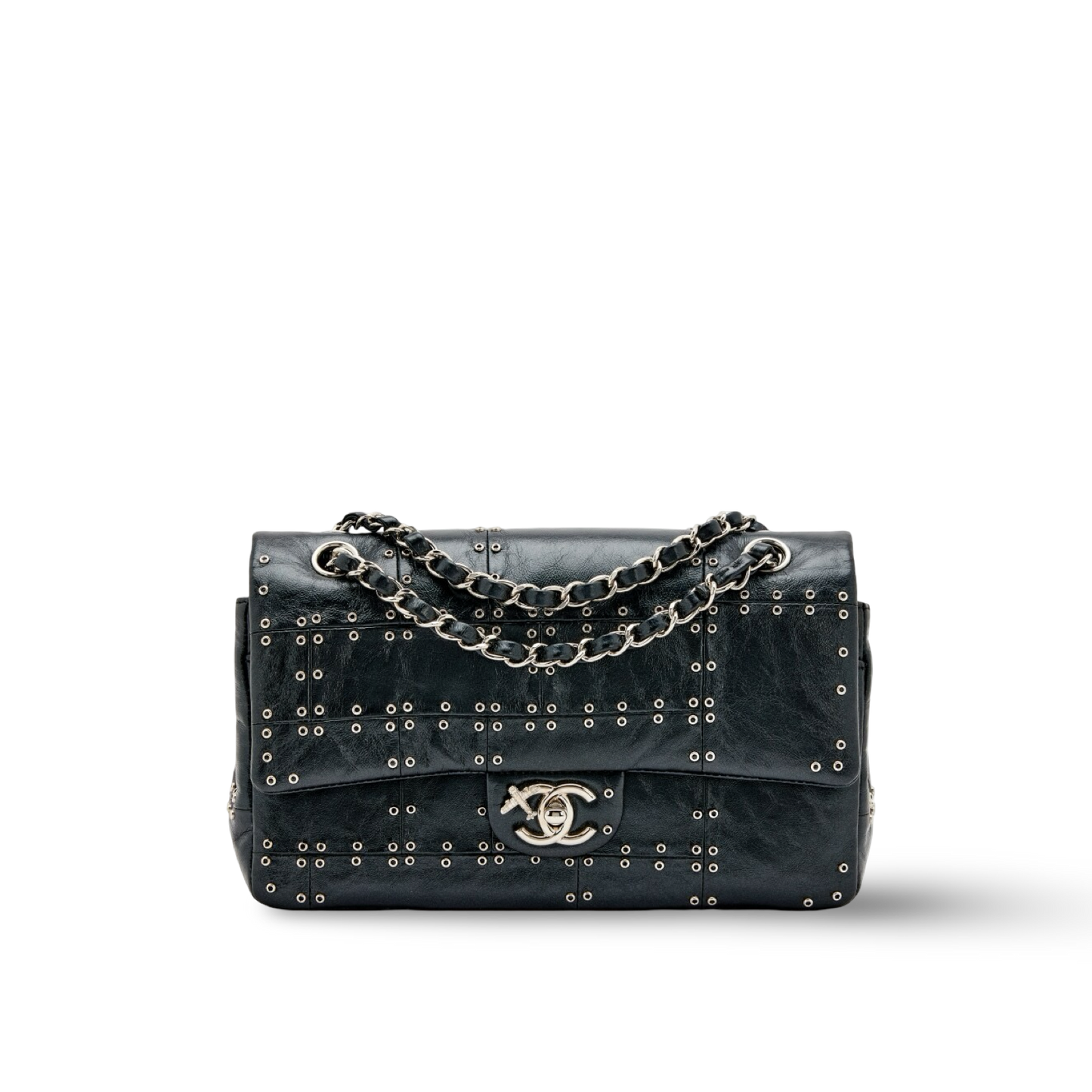 Chanel Quilted Glazed Calfskin Grommet Embellished Medium Airline Double Flap - SHW / Black