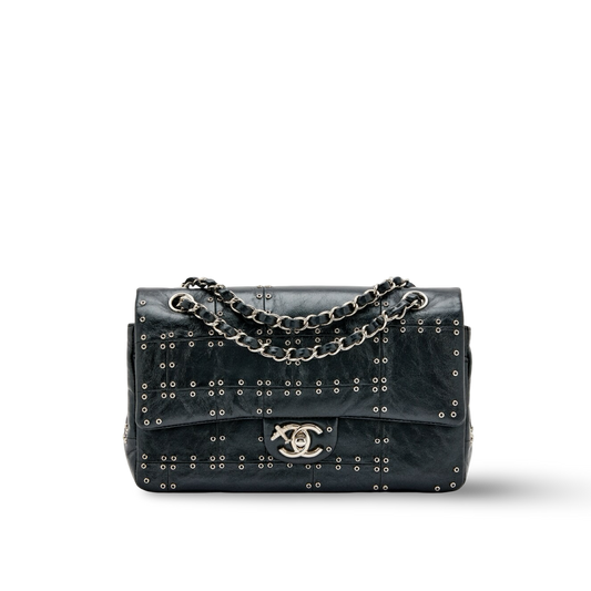 Chanel Quilted Glazed Calfskin Grommet Embellished Medium Airline Double Flap - SHW / Black