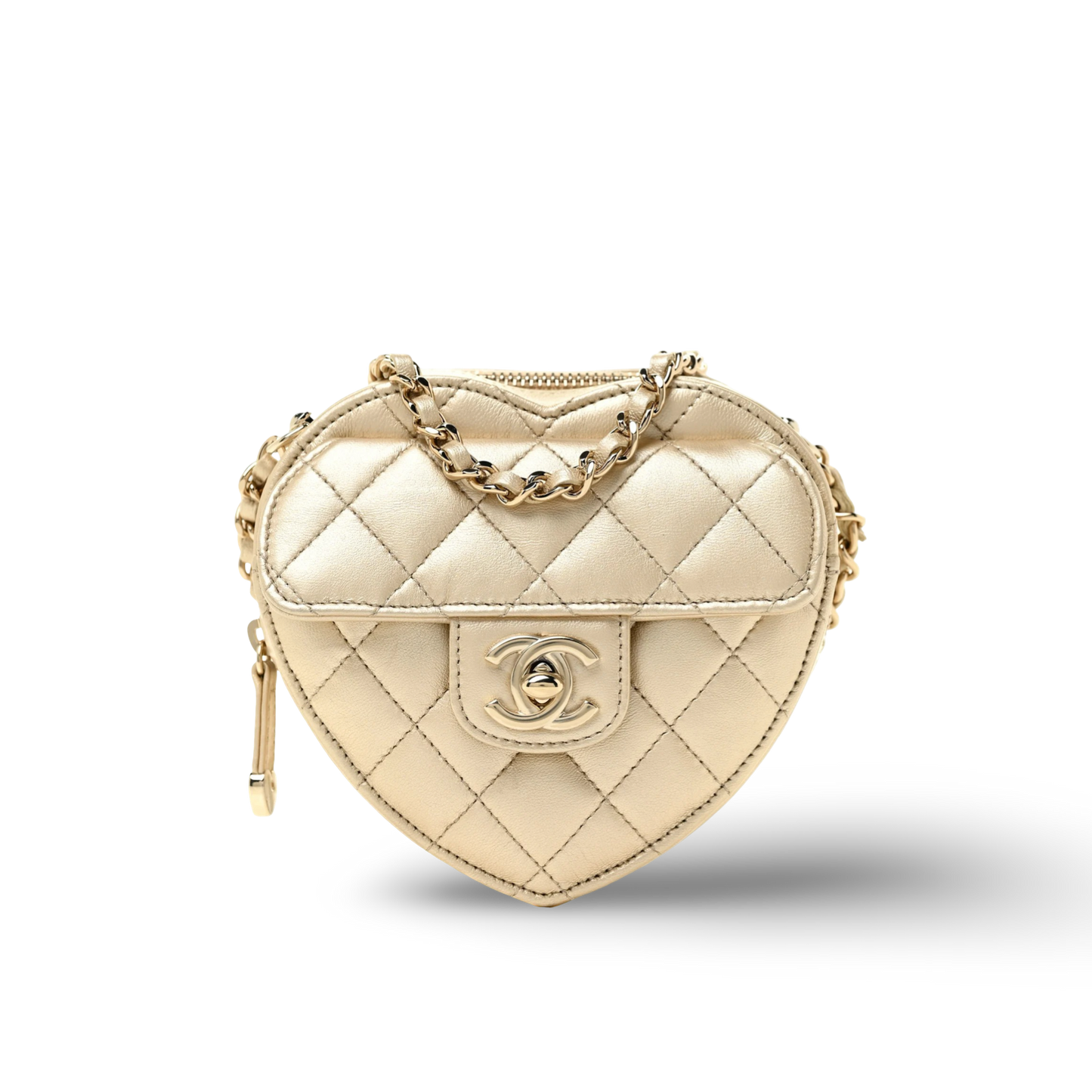 Chanel Quilted Lambskin Metallic CC In Love Heart Clutch With Chain - GHW / Gold