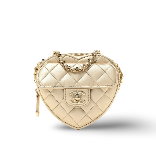 Chanel Quilted Lambskin Metallic CC In Love Heart Clutch With Chain - GHW / Gold