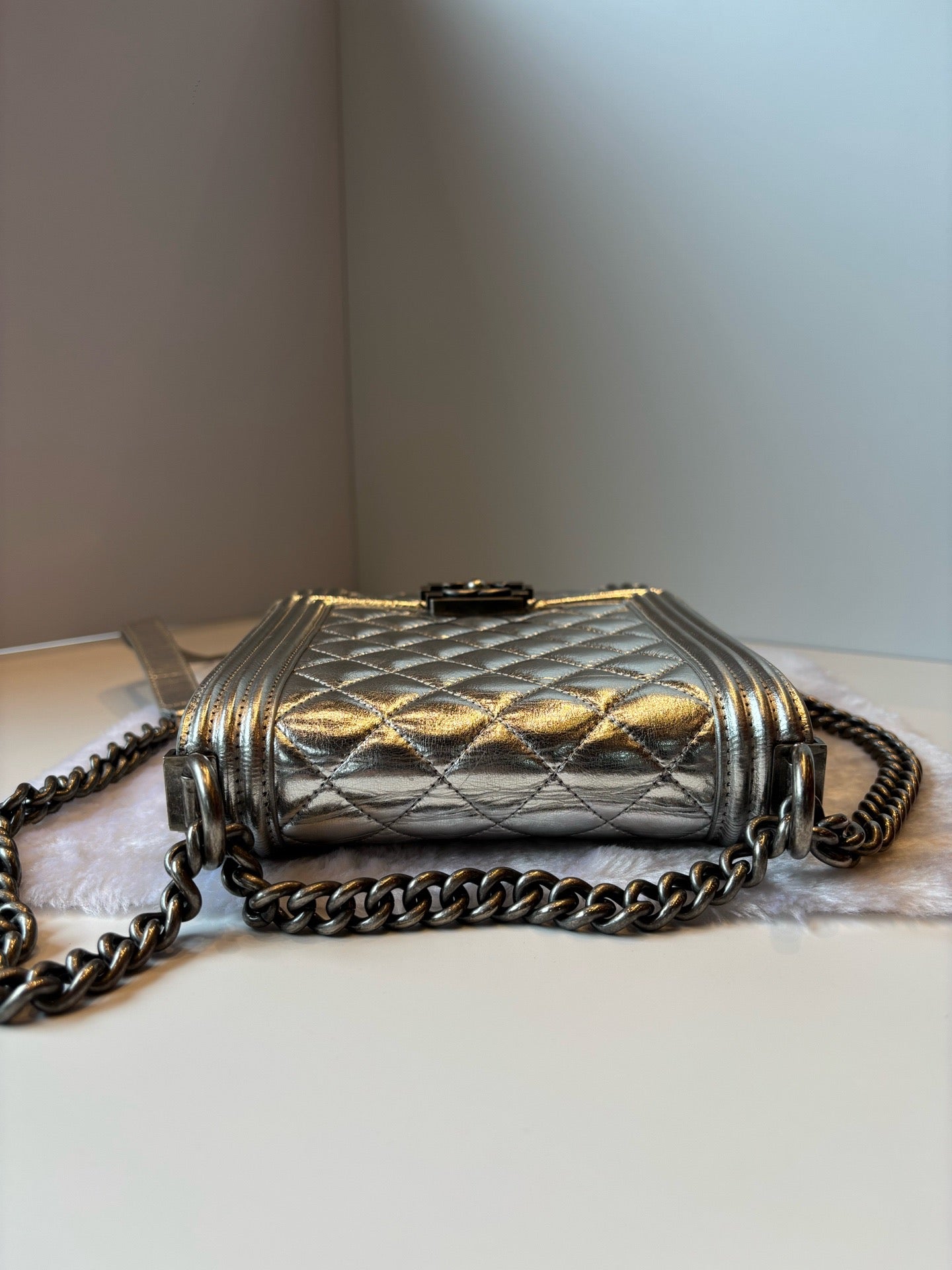 Chanel Quilted Patent South North Boy - GHW / Sliver