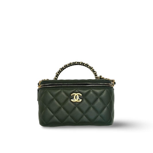 Chanel Classic Shiny Calfskin Top Handle Small Vanity Case Olive