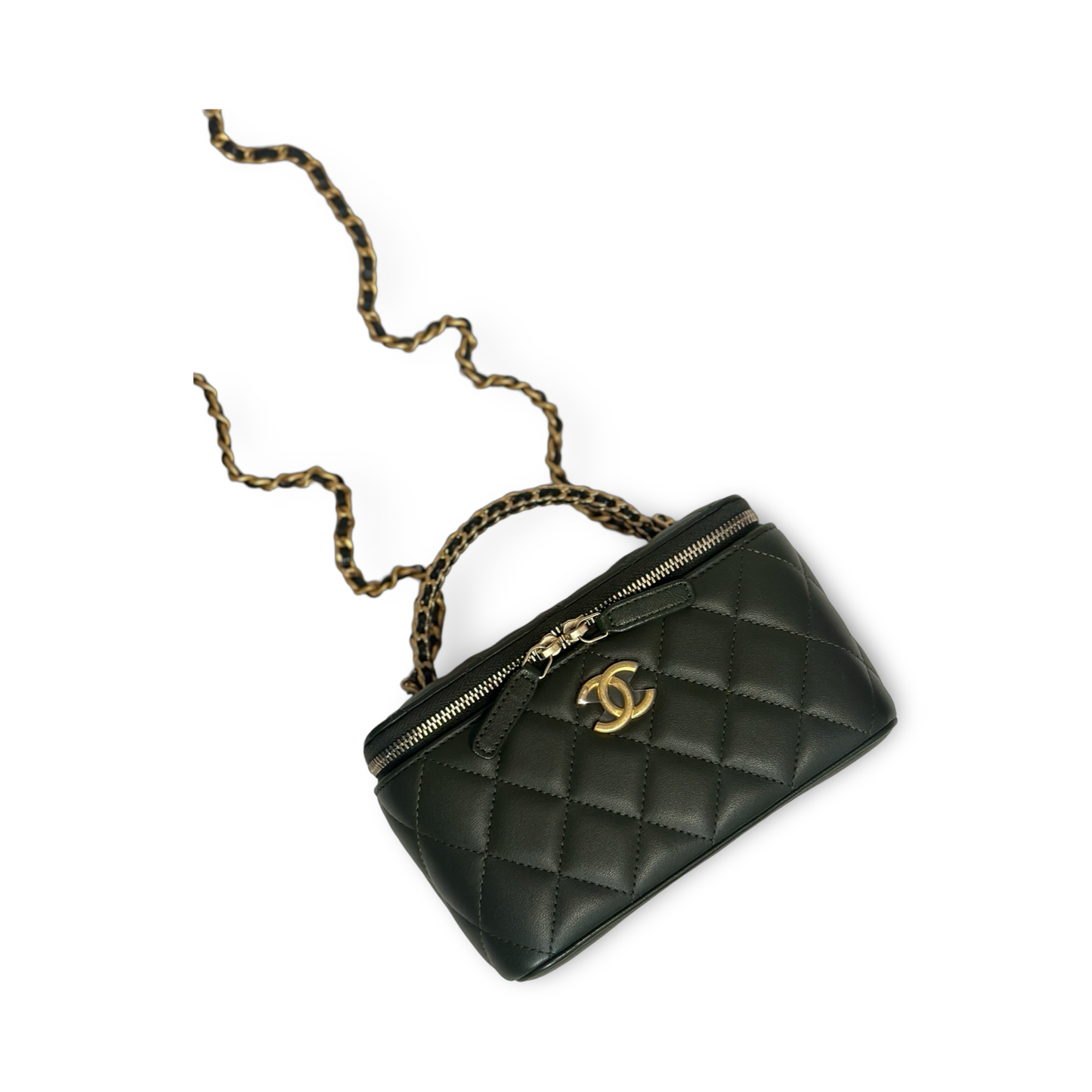 Chanel Classic Shiny Calfskin Top Handle Small Vanity Case Olive
