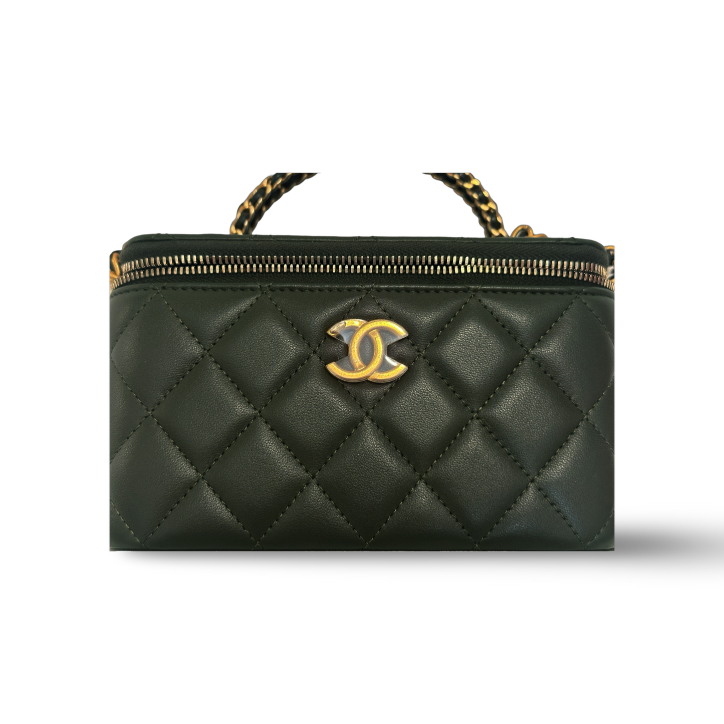 Chanel Classic Shiny Calfskin Top Handle Small Vanity Case Olive