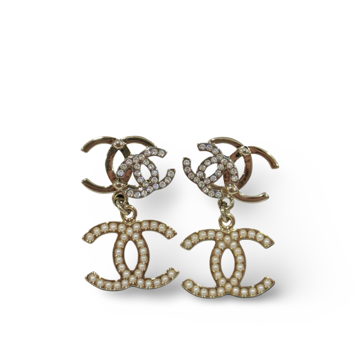 Chanel Triple CC Pearly White Earrings - Light Gold