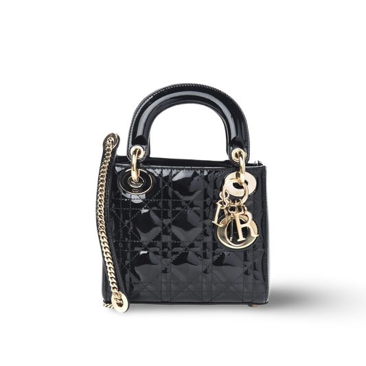 Dior Cannage Patent Mini Lady Dior Bag - GHW / Black