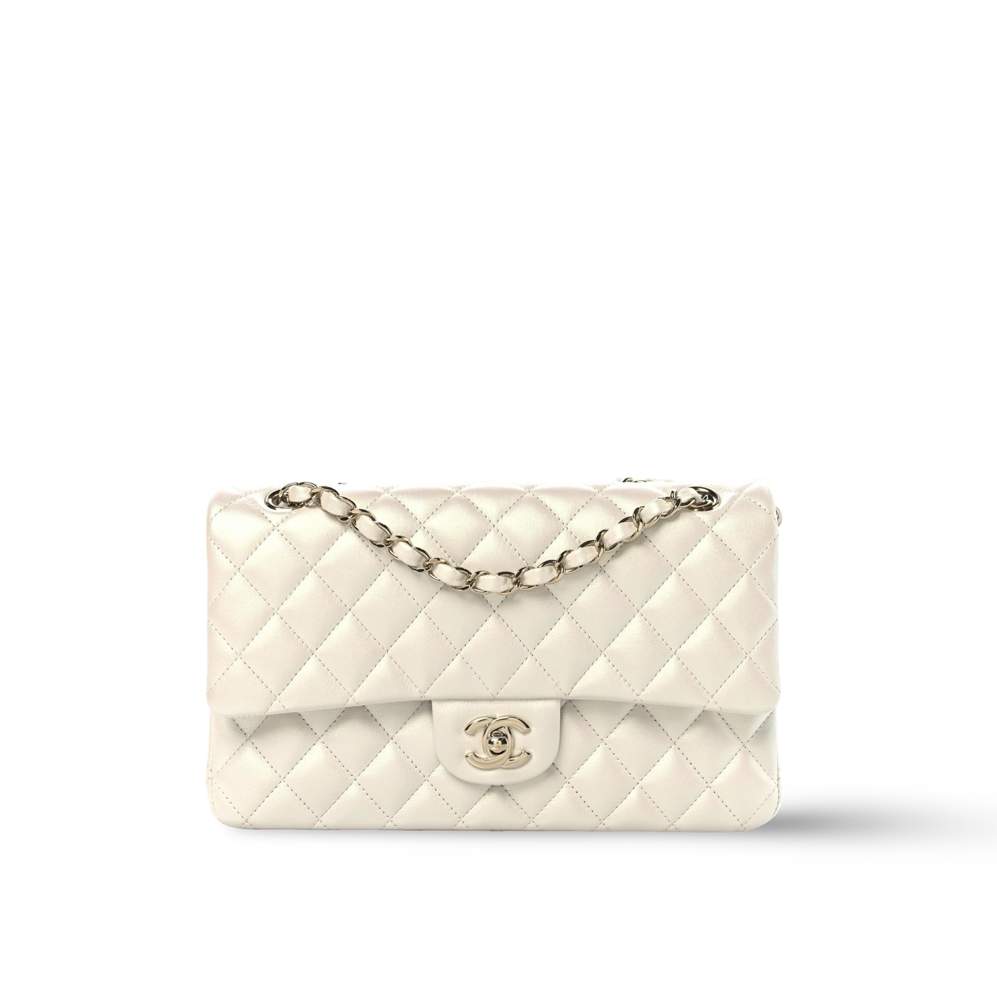 Chanel Quilted Calfskin Medium Iridescent Double Flap - SHW / Ivory