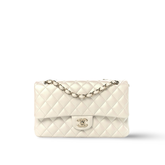 Chanel Quilted Calfskin Medium Iridescent Double Flap - SHW / Ivory
