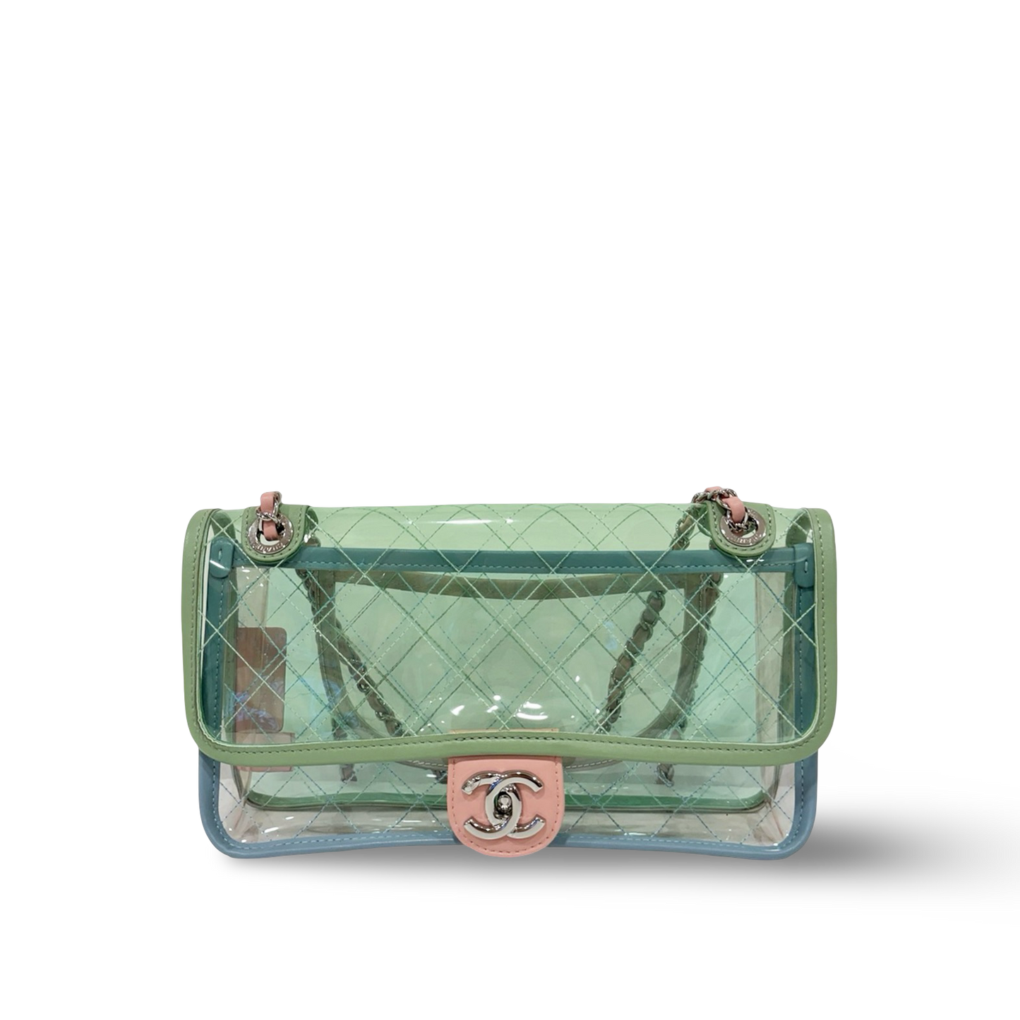 328 /1365 Chanel Quilted PVC Medium Splash Flap - SHW / Blue Pink