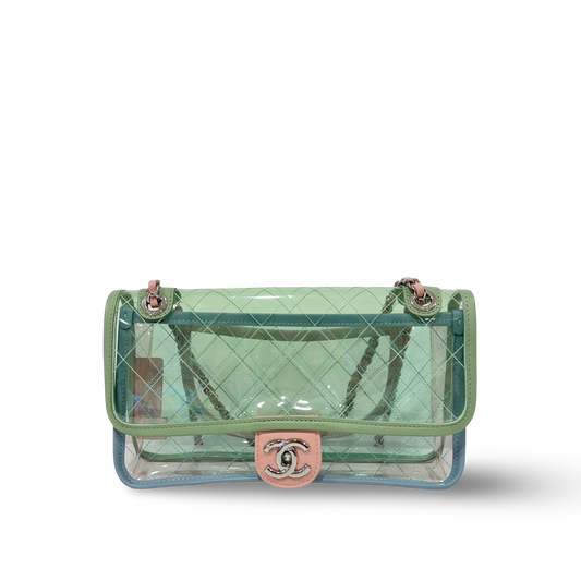 328 /1365 Chanel Quilted PVC Medium Splash Flap - SHW / Blue Pink