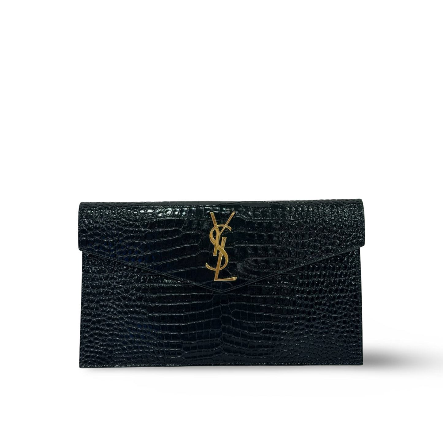 Saint Laurent Crocodile Embossed Shiny Leather Uptown Pouch - GHW / Black