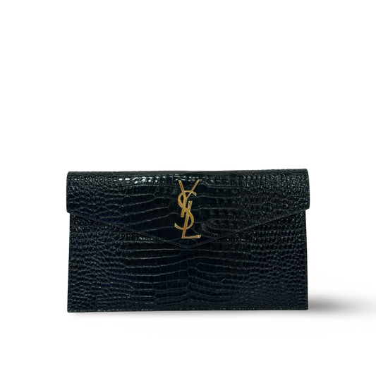 Saint Laurent Crocodile Embossed Shiny Leather Uptown Pouch - GHW / Black