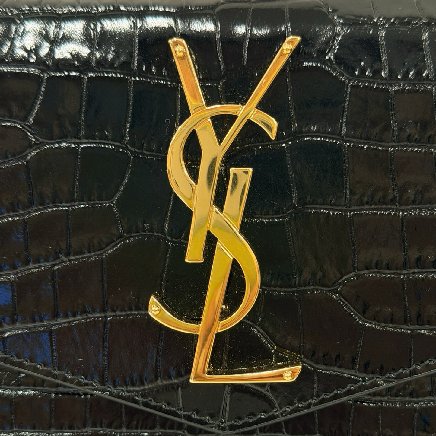 Saint Laurent Crocodile Embossed Shiny Leather Uptown Pouch - GHW / Black
