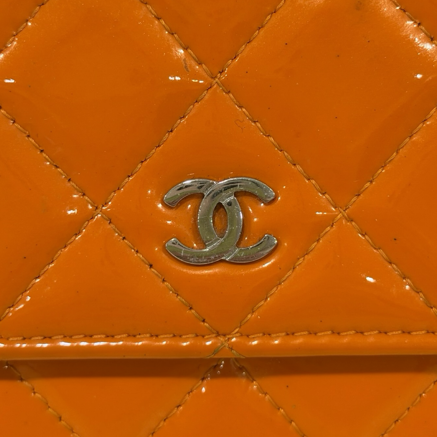 Chanel Quilted Patent Wallet on Chain - SHW / Orange