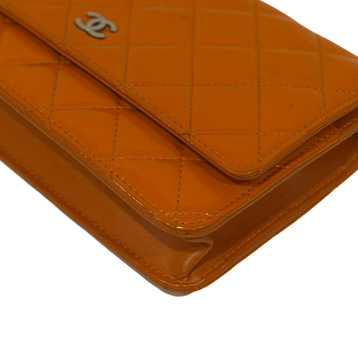 Chanel Quilted Patent Wallet on Chain - SHW / Orange