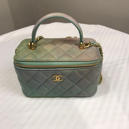 Chanel Quilted Lambskin Tophandle Small Vanity Box - GHW / Blue/Green