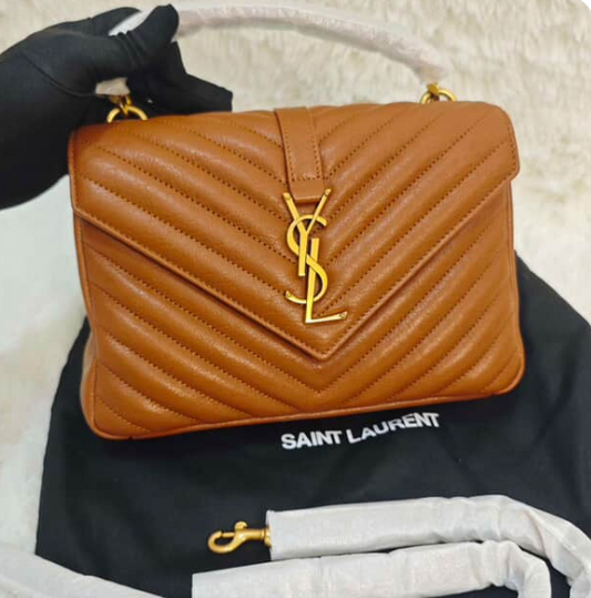 SAINT LAURENT Calfskin Matelasse Monogram Medium College Bag - GHW / Caramel