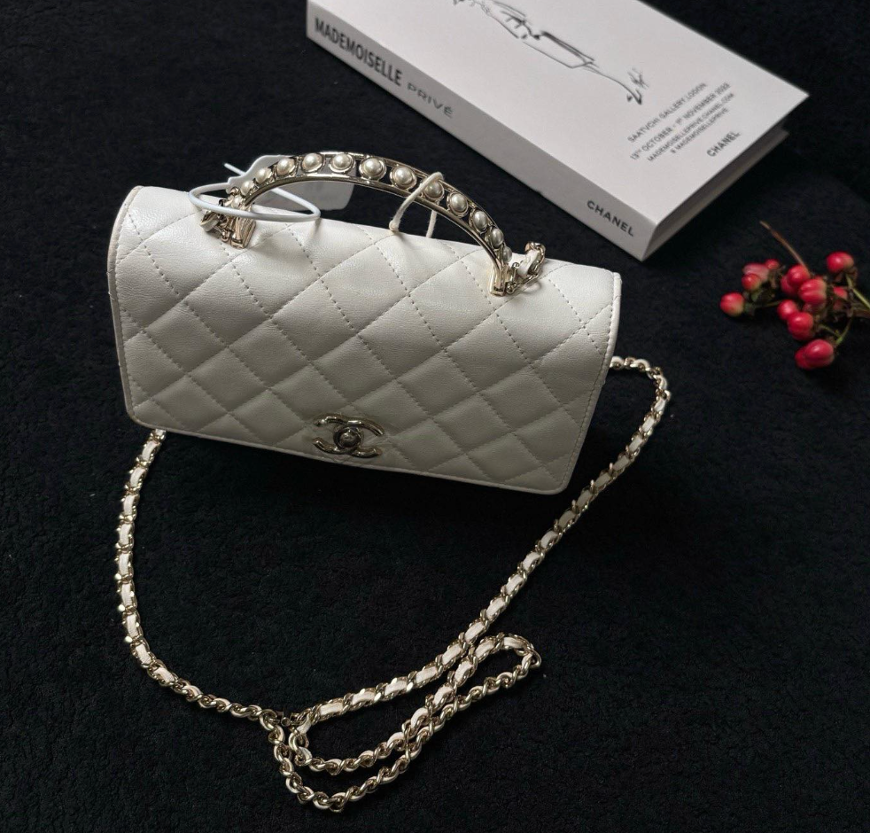 Chanel Quilted Lambskin Pearl Top Handle WOC Bag - SHW / White