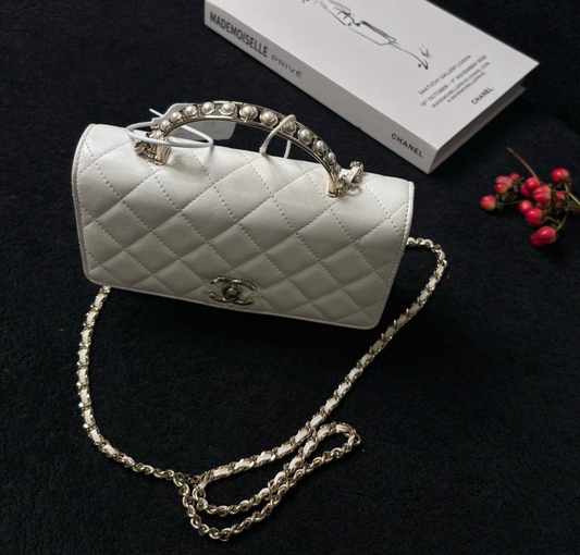 Chanel Quilted Lambskin Pearl Top Handle WOC Bag - SHW / White