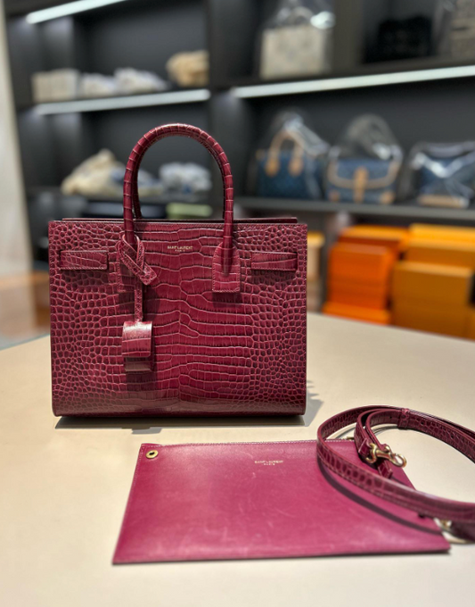 Saint Laurent Calfskin Crocodile Embossed Baby Sac De Jour Bordeaux - Burgundy