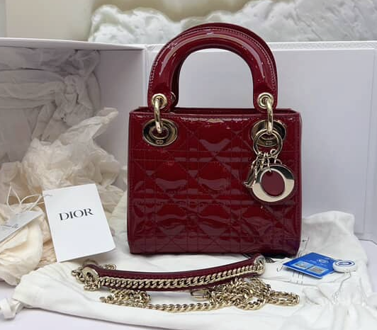 Dior Cannage Patent Mini Lady Dior - GHW / Red