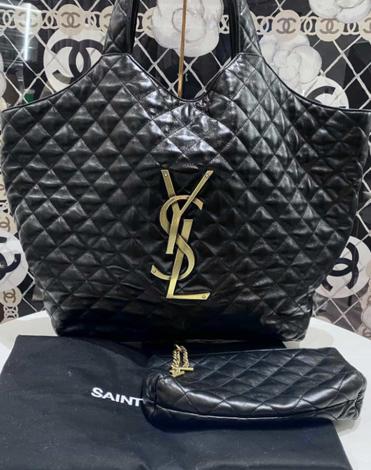 Saint Laurent Quilted Lambskin Maxi Icare Tote Bag - GHW / Black