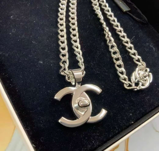 Chanel CC Logo Turnlock Necklace - Silver