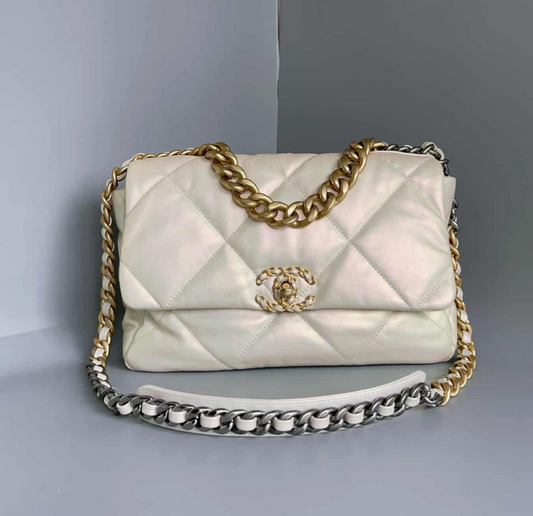 Chanel Quilted Calfskin Iridescent Jumbo 19 Bag - White
