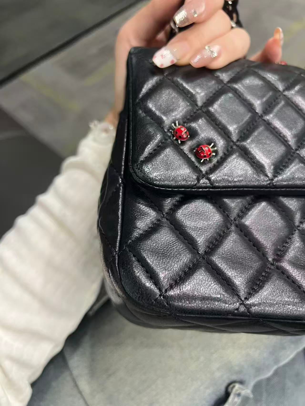 Chanel Quilted Lambskin Ladybug Mini Rectangular Single Flap Bag - SHW / Black