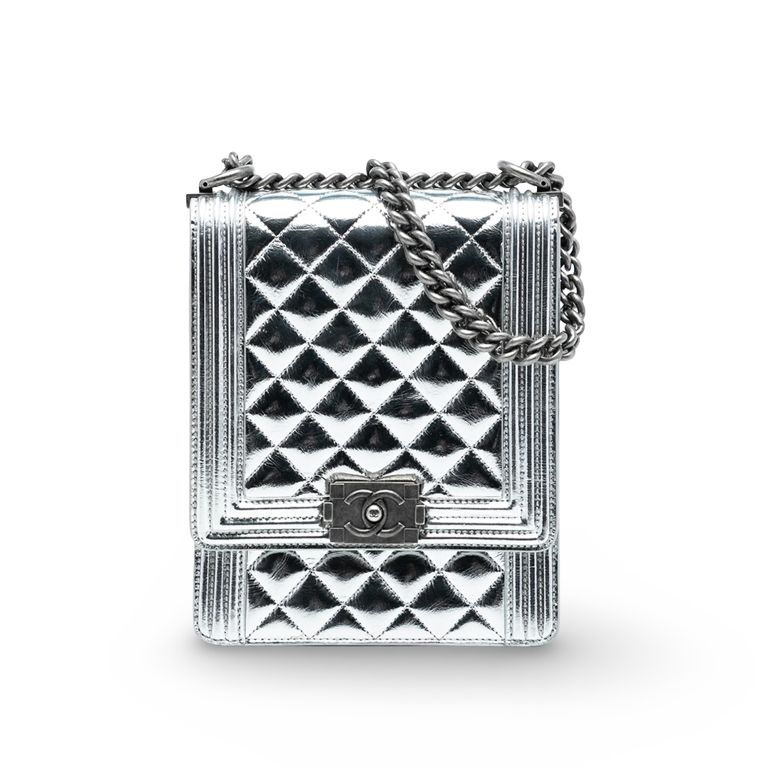 Chanel Quilted Patent South North Boy - GHW / Sliver