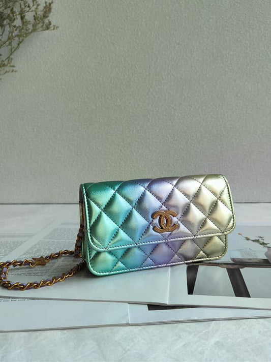 Chanel Quilted Lambskin Metallic Phone Holder with Chain - GHW / Rainbow