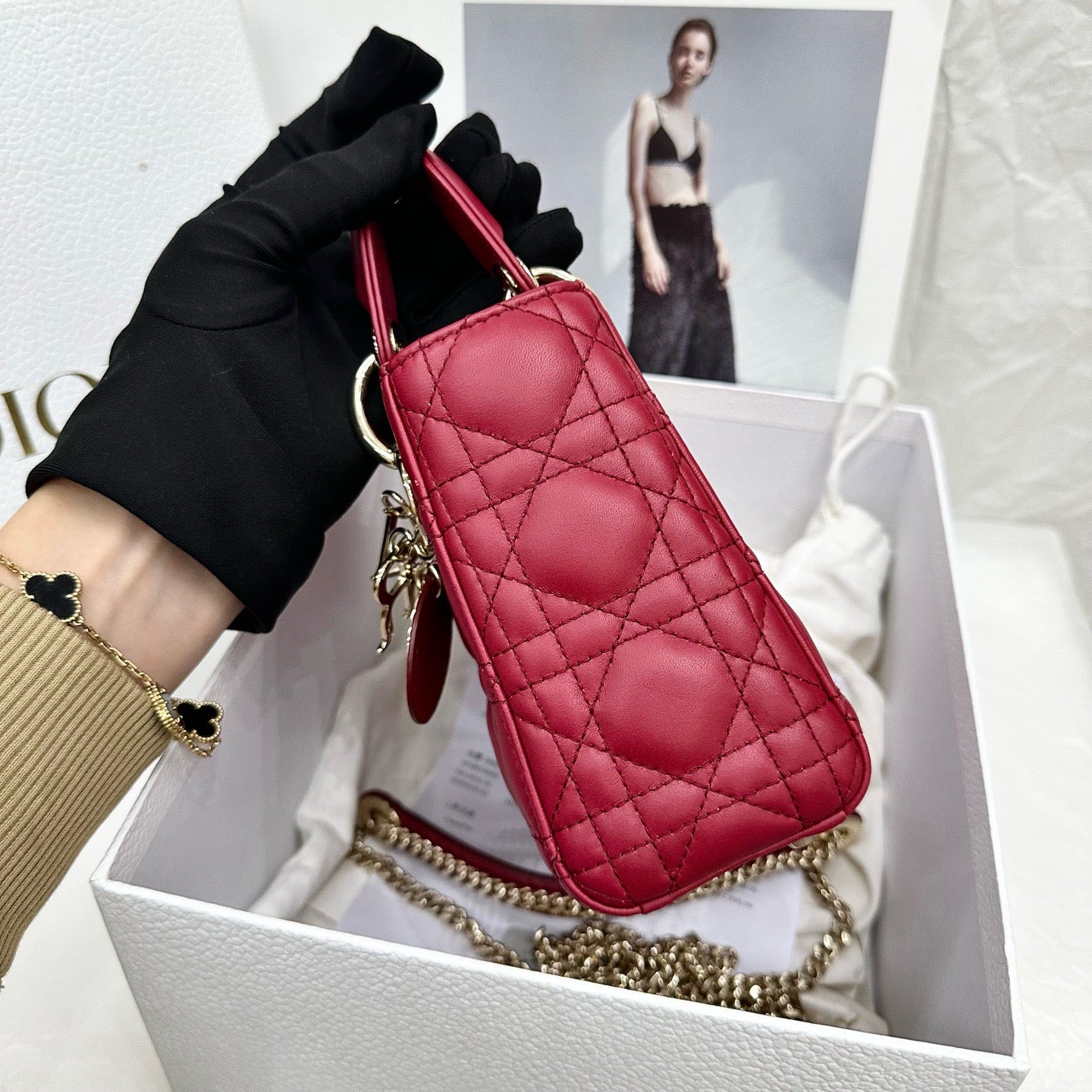 Dior Cannage Lambskin Mini Lady Bag- GHW / Red