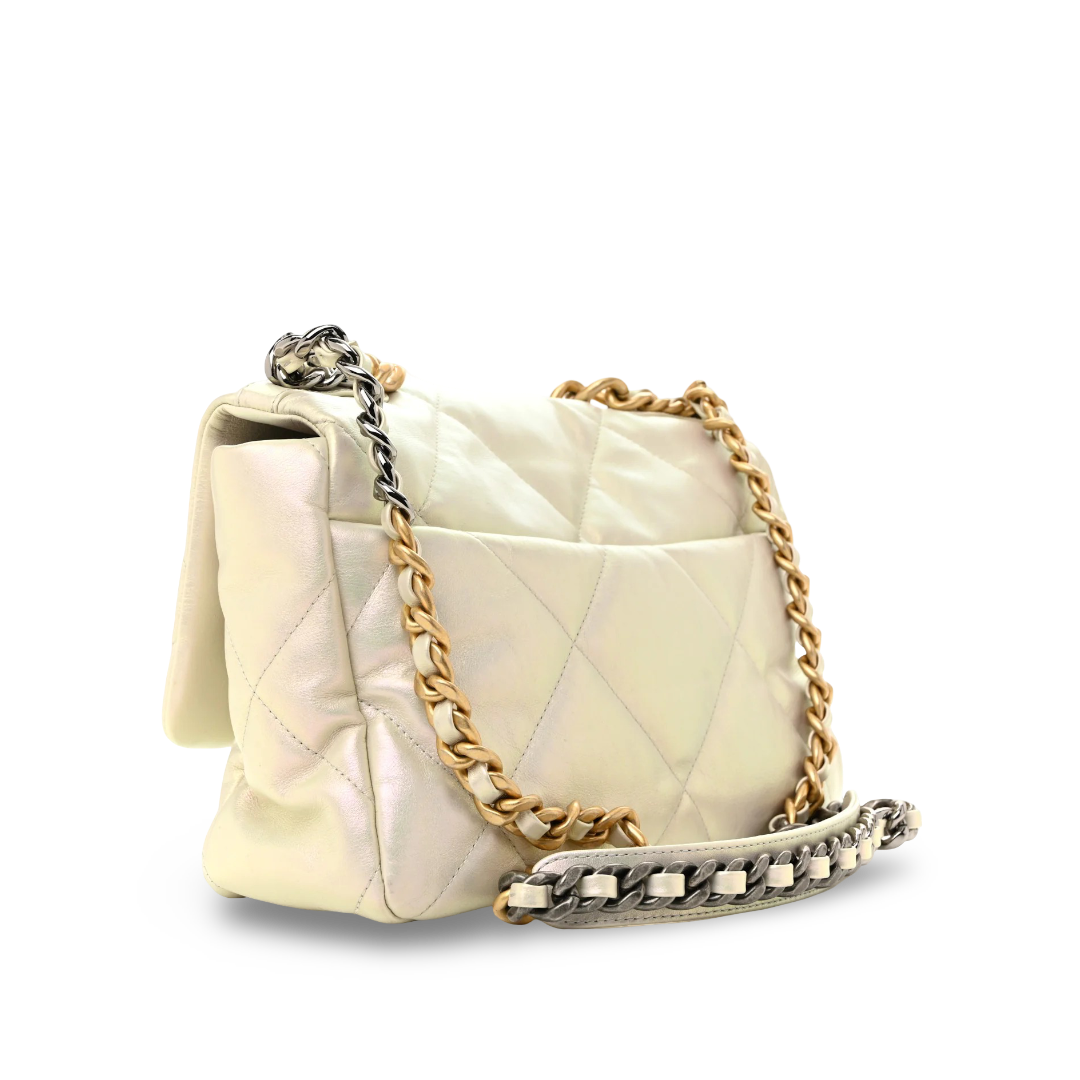Chanel Quilted Calfskin Iridescent Medium 19Bag - GHW/White