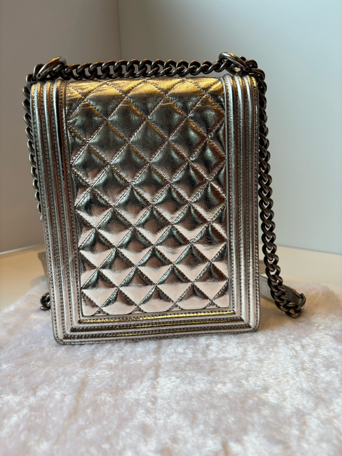 Chanel Quilted Patent South North Boy - GHW / Sliver