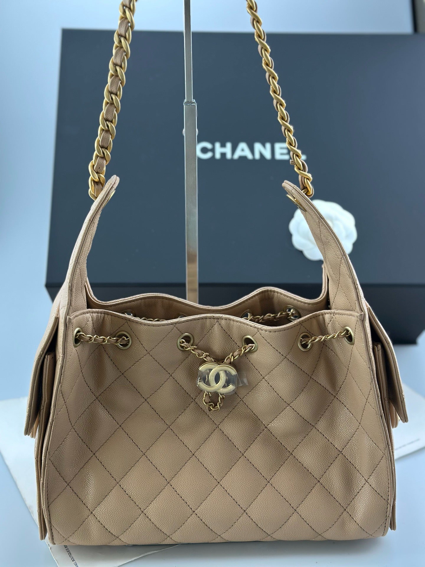 Chanel Quilted Caviar Small 25 Bag - GHW / Beige