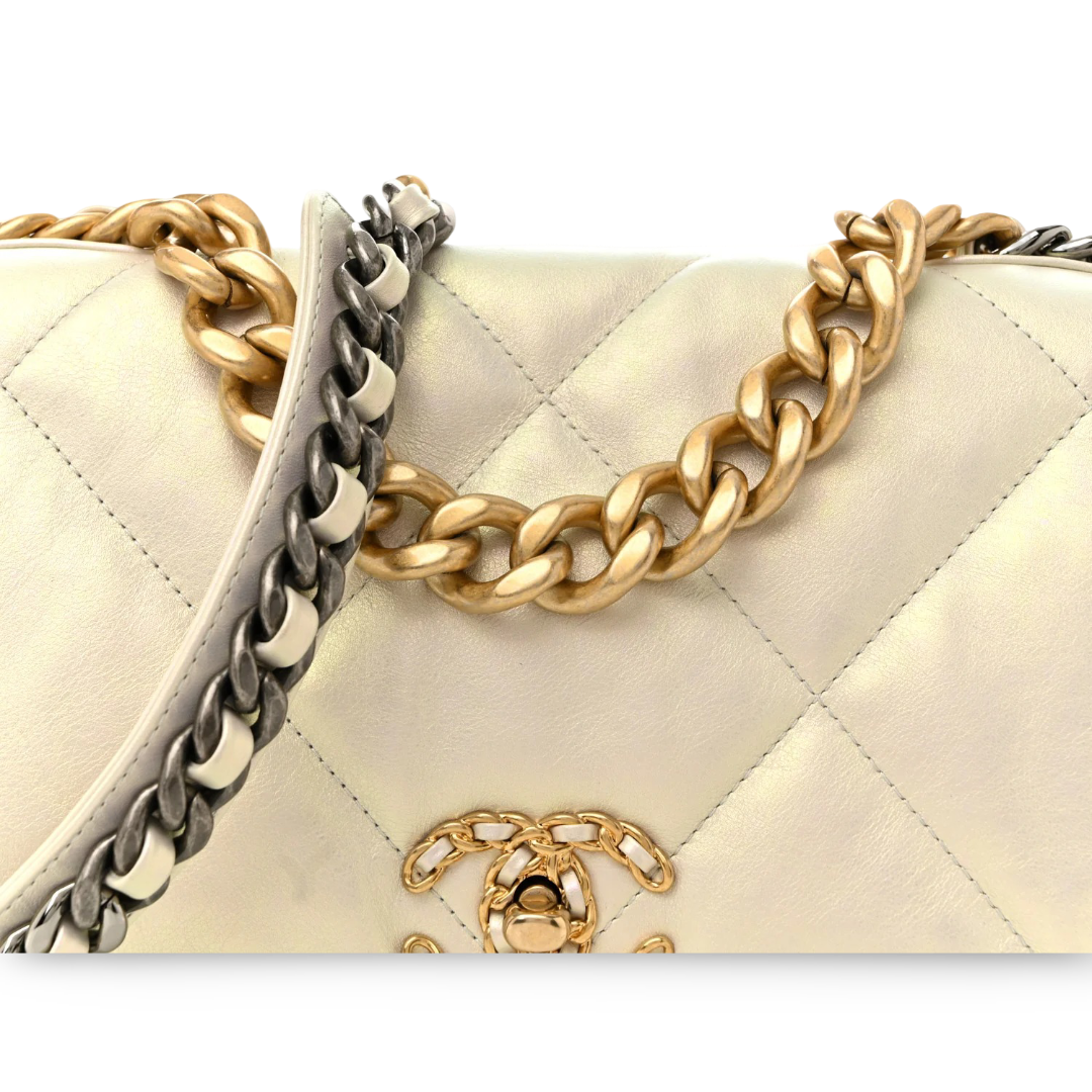 Chanel Quilted Calfskin Iridescent Medium 19Bag - GHW/White